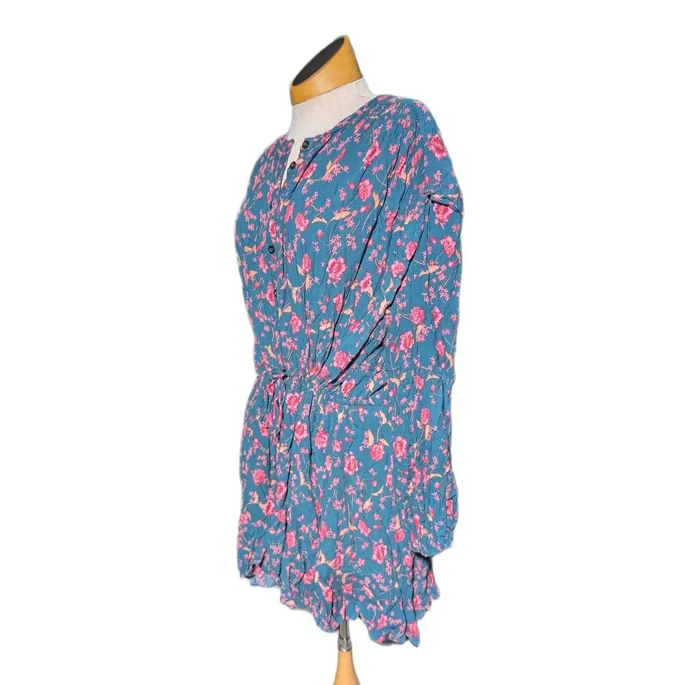 Free People Flower Fields Emerald Green Pink Floral Print Button Up Mini Dress S